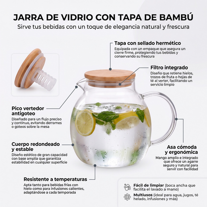 Jarra de Vidrio con Tapa de Bambú 1.5 L para Agua y Bebidas