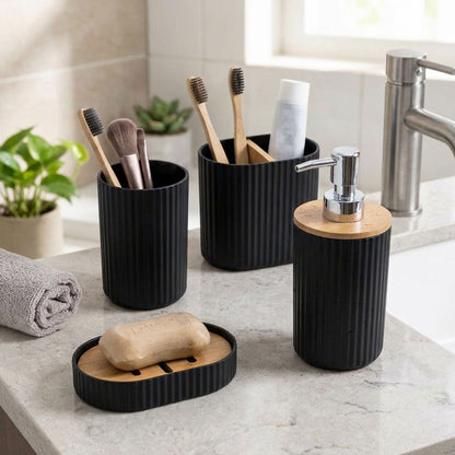 Set de Accesorios para Baño de 4 Piezas en Plástico Neolith con Bambú