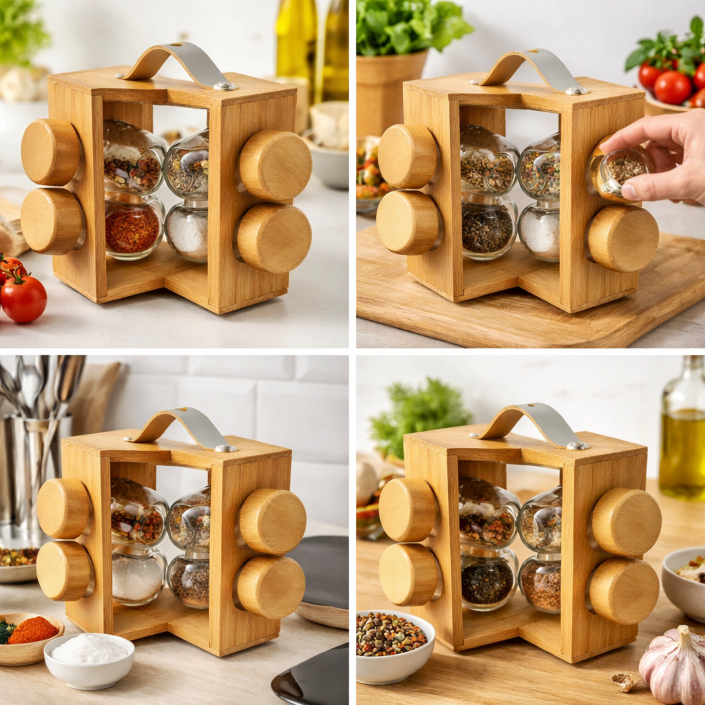 Especiero De Cocina Con Base De Madera Y 8 Frascos De Vidrio 85ml