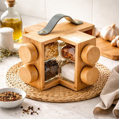 Especiero De Cocina Con Base De Madera Y 8 Frascos De Vidrio 85ml