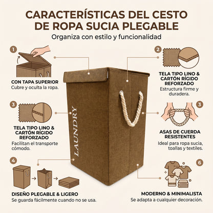 Cesto de Ropa Sucia Plegable de Tela Tipo Lino con Tapa y Asas