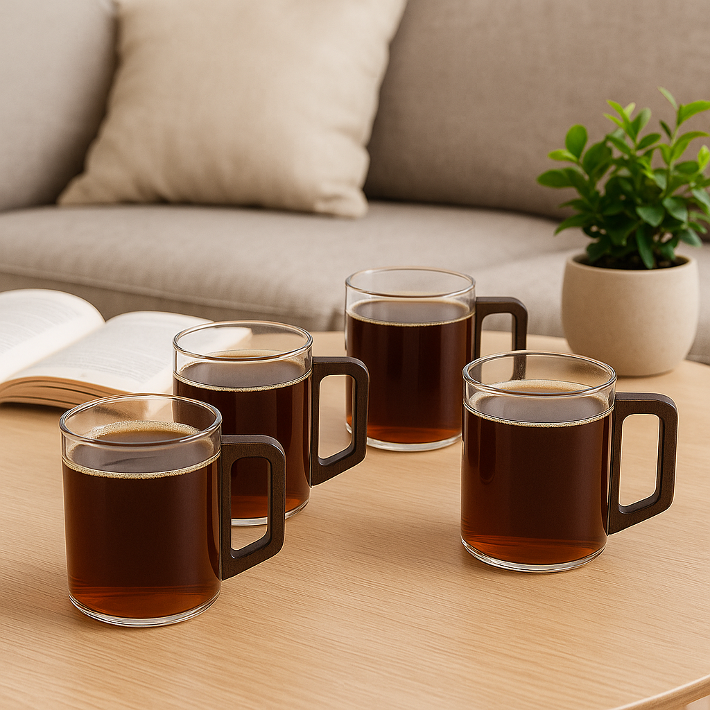 Set de 4 Tazas de Vidrio 300 ml con Asa de Madera