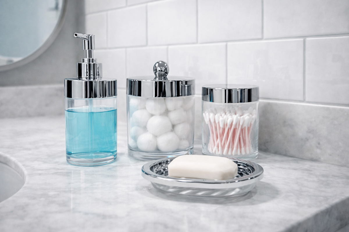 Set de Accesorios para Baño de 5 Piezas en Acrílico Transparente con Acabado Cromado