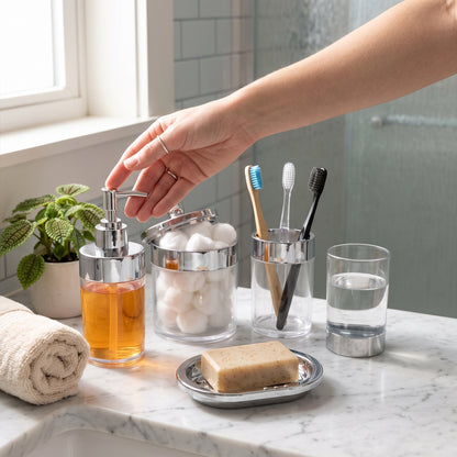 Set de Accesorios para Baño de 5 Piezas en Acrílico Transparente con Acabado Cromado