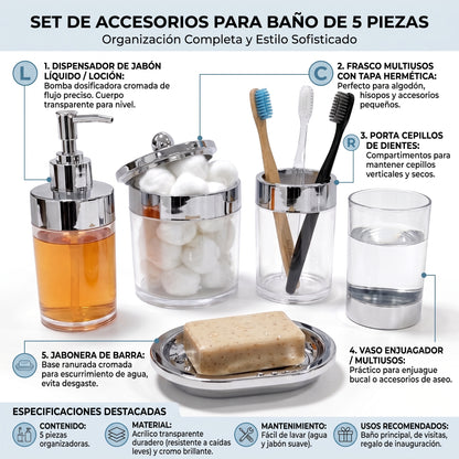 Set de Accesorios para Baño de 5 Piezas en Acrílico Transparente con Acabado Cromado