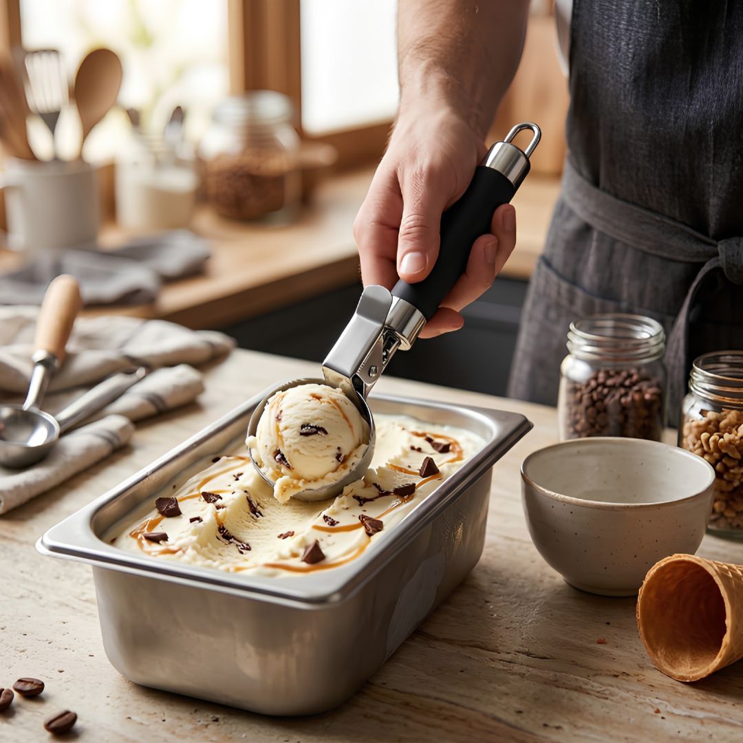 Cuchara para Helado de Acero Inoxidable con Gatillo Expulsor