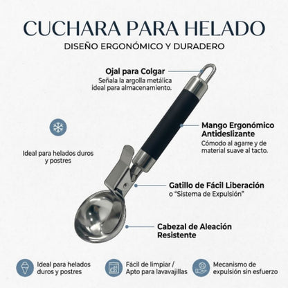 Cuchara para Helado de Acero Inoxidable con Gatillo Expulsor