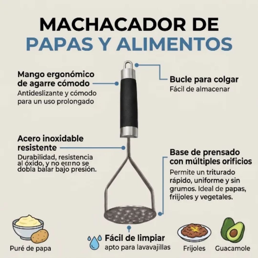 Machacador de Papas y Alimentos de Acero Inoxidable