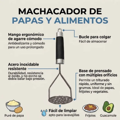 Machacador de Papas y Alimentos de Acero Inoxidable