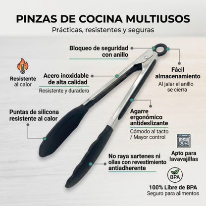 Pinzas de Cocina de Acero Inoxidable y Silicona Antiadherente