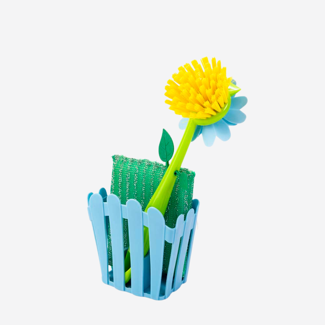 Cepillo de flor con esponja y canasta para cocina