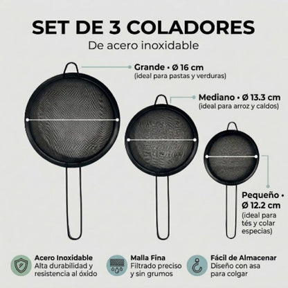 Set de 3 Coladores de Acero Inoxidable – Malla Fina Multiusos