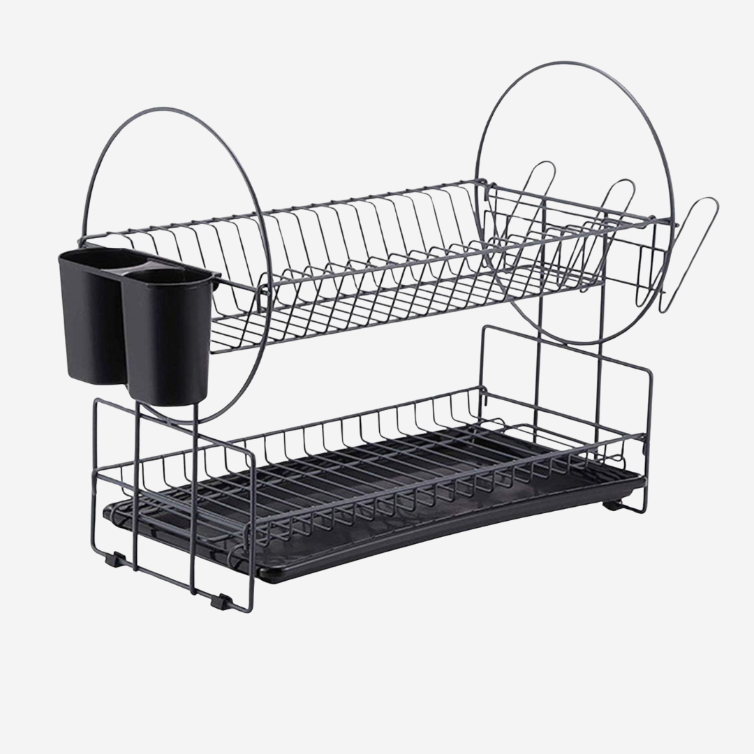 Escurridor 2 niveles con charola y doble porta utensilios