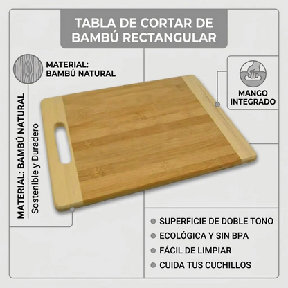 Tabla para Picar de Bambú Natural con Asa Ergonómica y Bordes Reforzados para Cocina