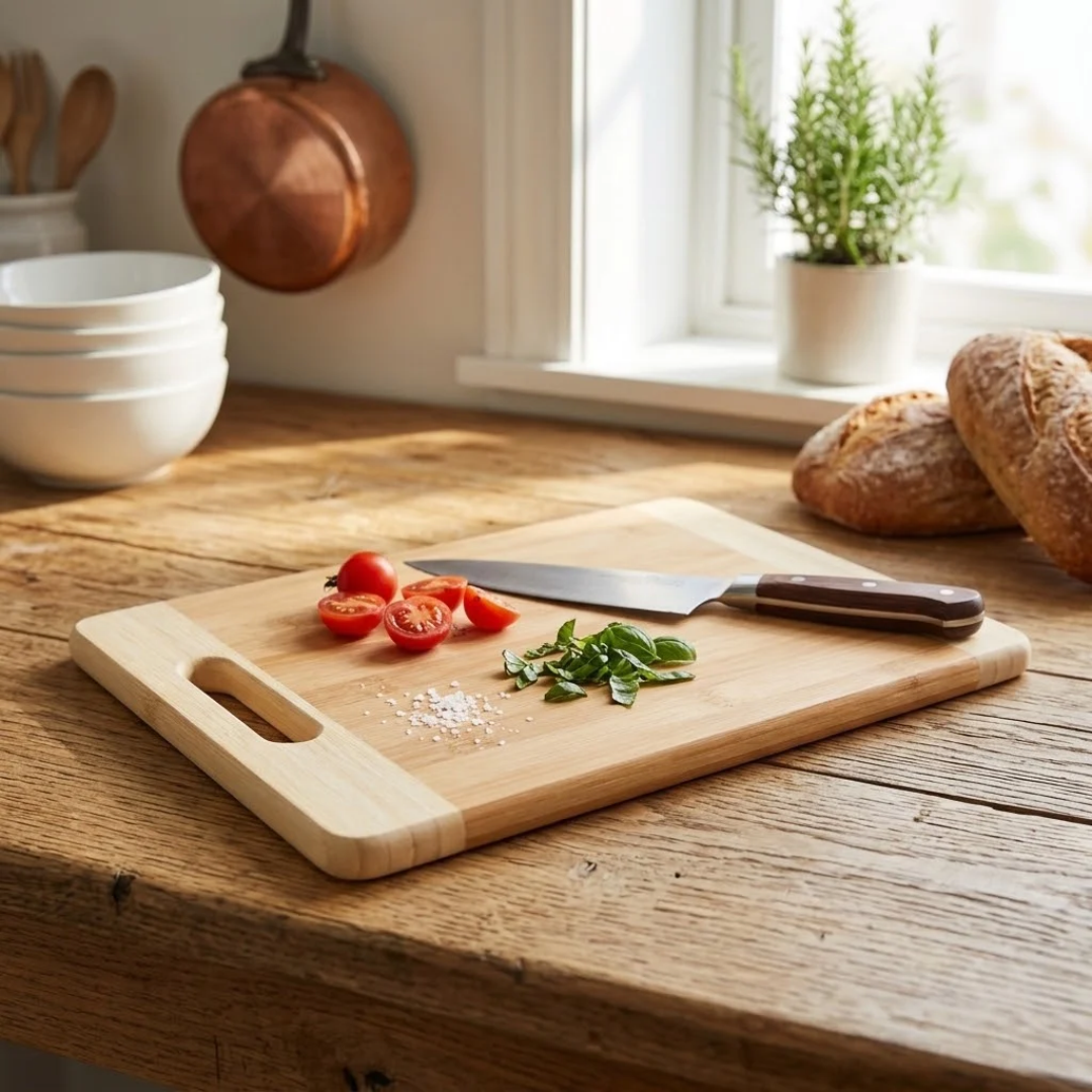 Tabla para Picar de Bambú Natural con Asa Ergonómica y Bordes Reforzados para Cocina