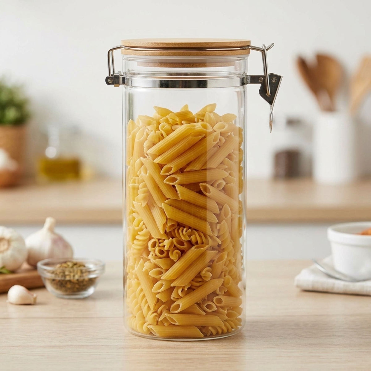 Frasco de Vidrio Hermético de 1.2 L con Tapa de Bambú y Broche de Presión