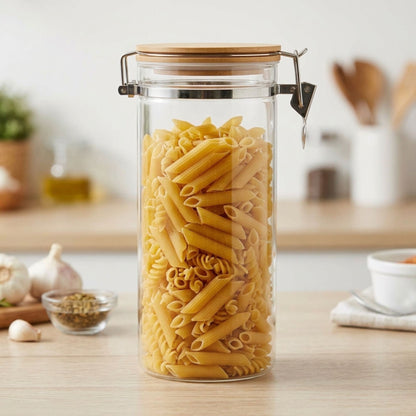 Frasco de Vidrio Hermético de 1.2 L con Tapa de Bambú y Broche de Presión