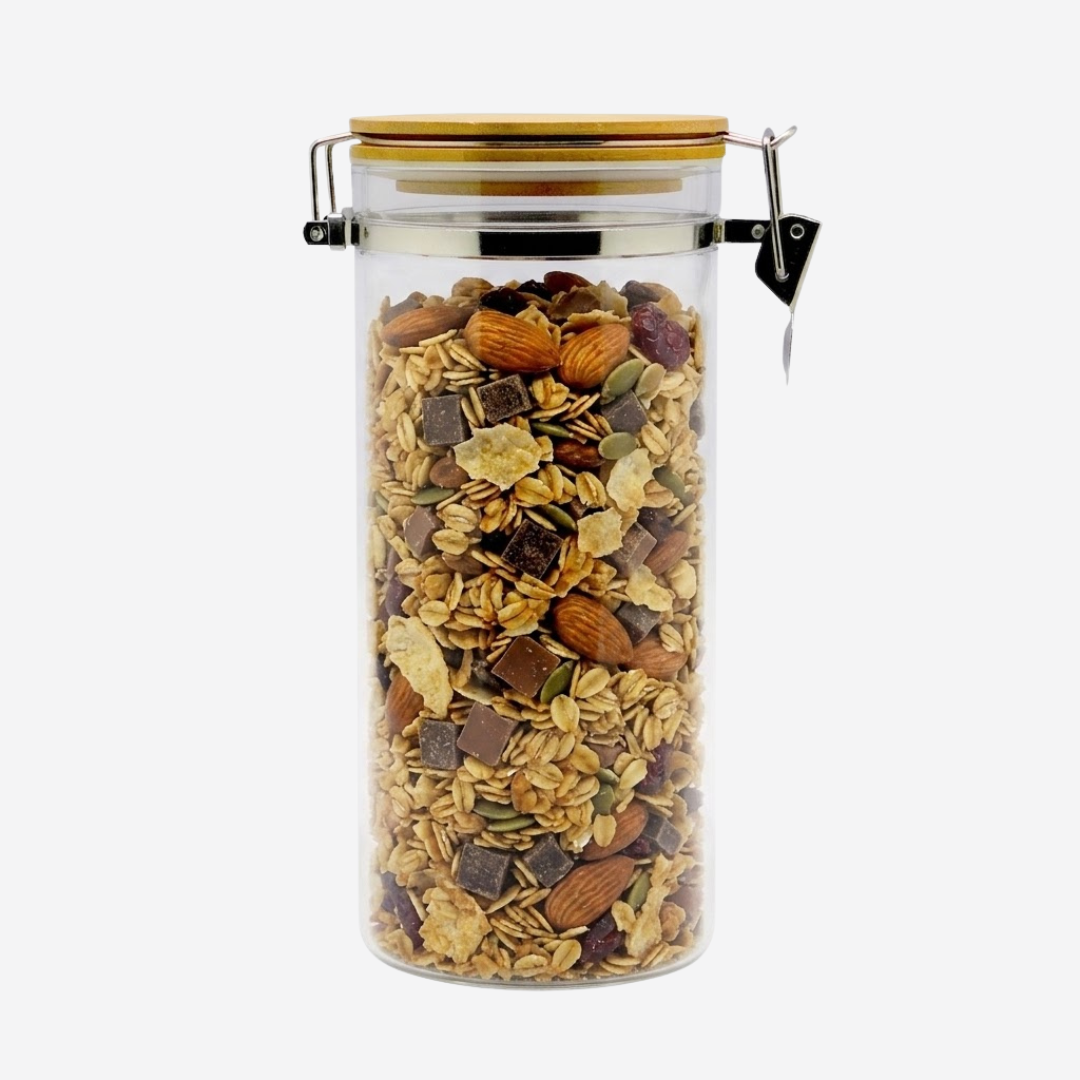 Frasco de Vidrio Hermético de 1.2 L con Tapa de Bambú y Broche de Presión