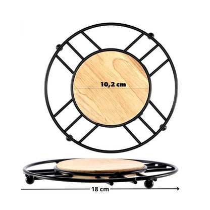 Porta Caliente Redondo de Hierro y Bambú ($18\text{ cm}$) | Salvamanteles Protector para Cocina