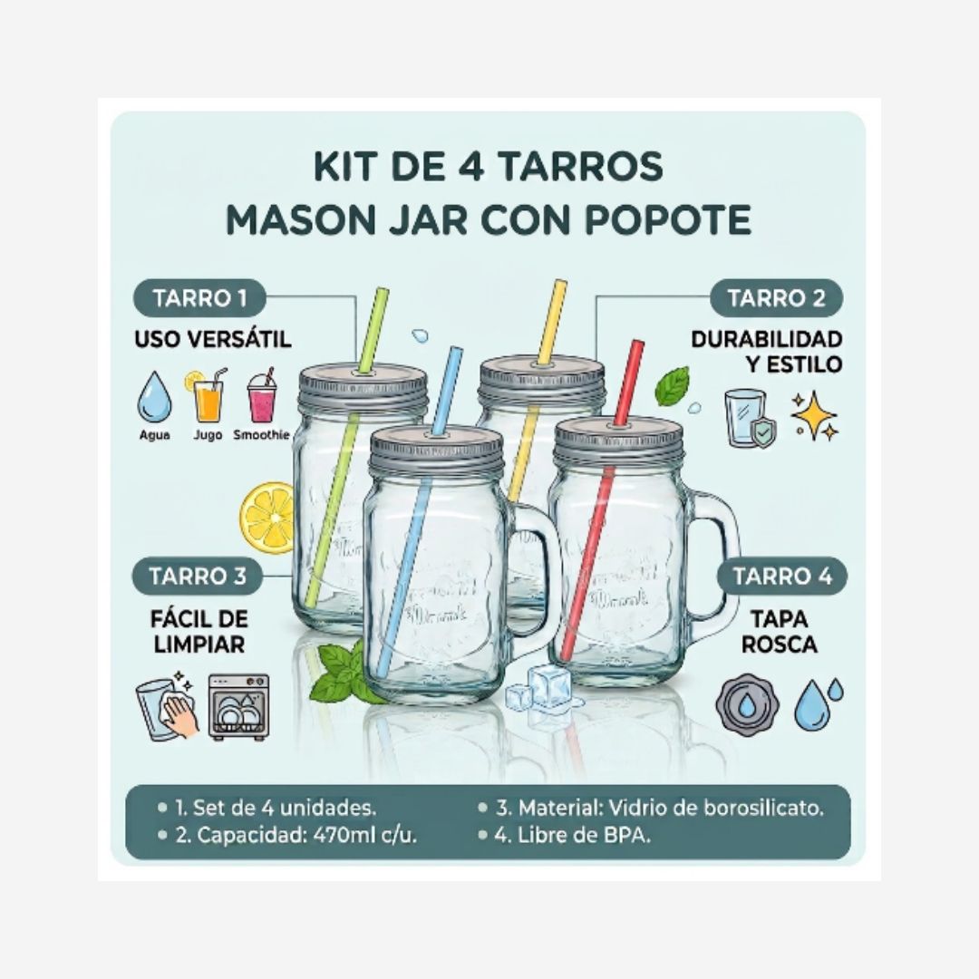 Juego de 4 tarros Mason Jar con popote