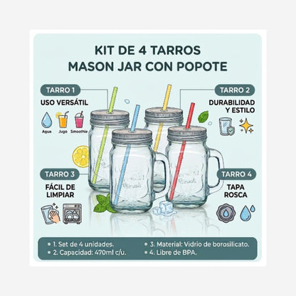 Juego de 4 tarros Mason Jar con popote