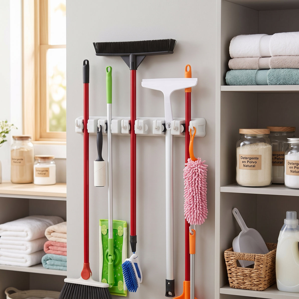 Organizador de Pared Multifuncional para Escobas y Trapeadores (5 Espacios)