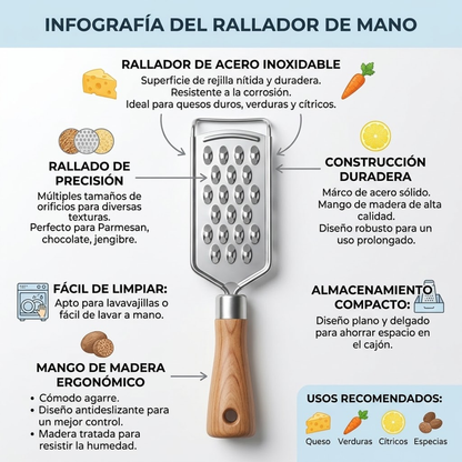 Rallador Manual de Acero Inoxidable con Mango de Madera | Cocina