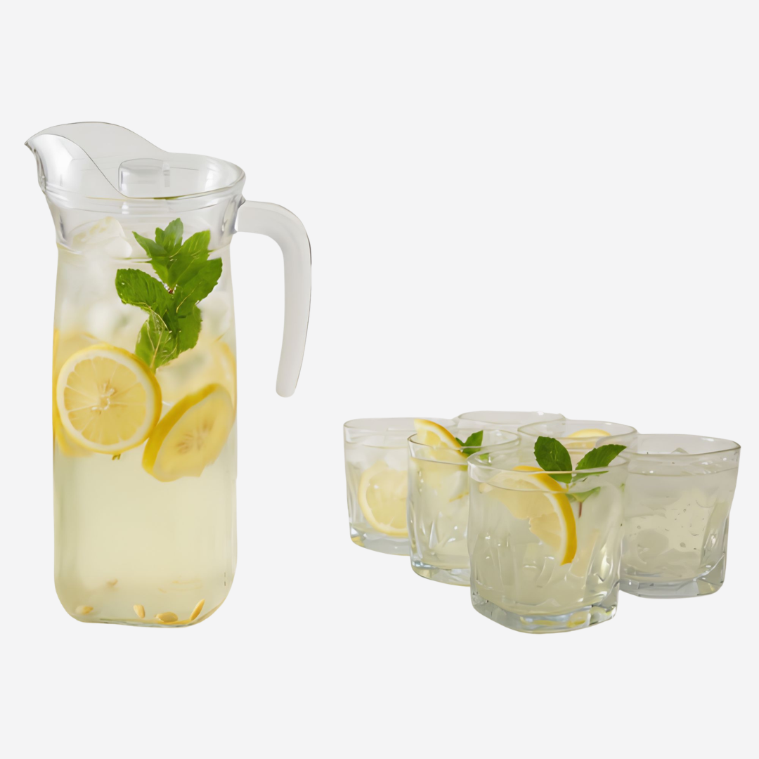 Juego De Jarra De Vidrio 1.3 L Y 6 Vasos Minimalistas