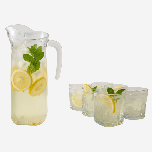 Juego De Jarra De Vidrio 1.3 L Y 6 Vasos Minimalistas