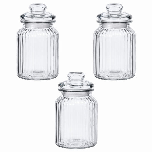 Juego De 3 Tarros De Cristal Acanalado De 900 Ml Con Tapa Hermética