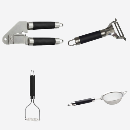 Set de Utensilios de Cocina de Acero Inoxidable (4 Piezas) con Mango Ergonómico Negro | Abrelatas, Pelador, Pasapurés y Colador