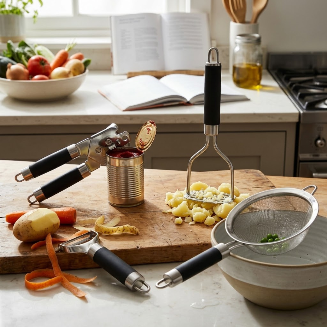 Set de Utensilios de Cocina de Acero Inoxidable (4 Piezas) con Mango Ergonómico Negro | Abrelatas, Pelador, Pasapurés y Colador