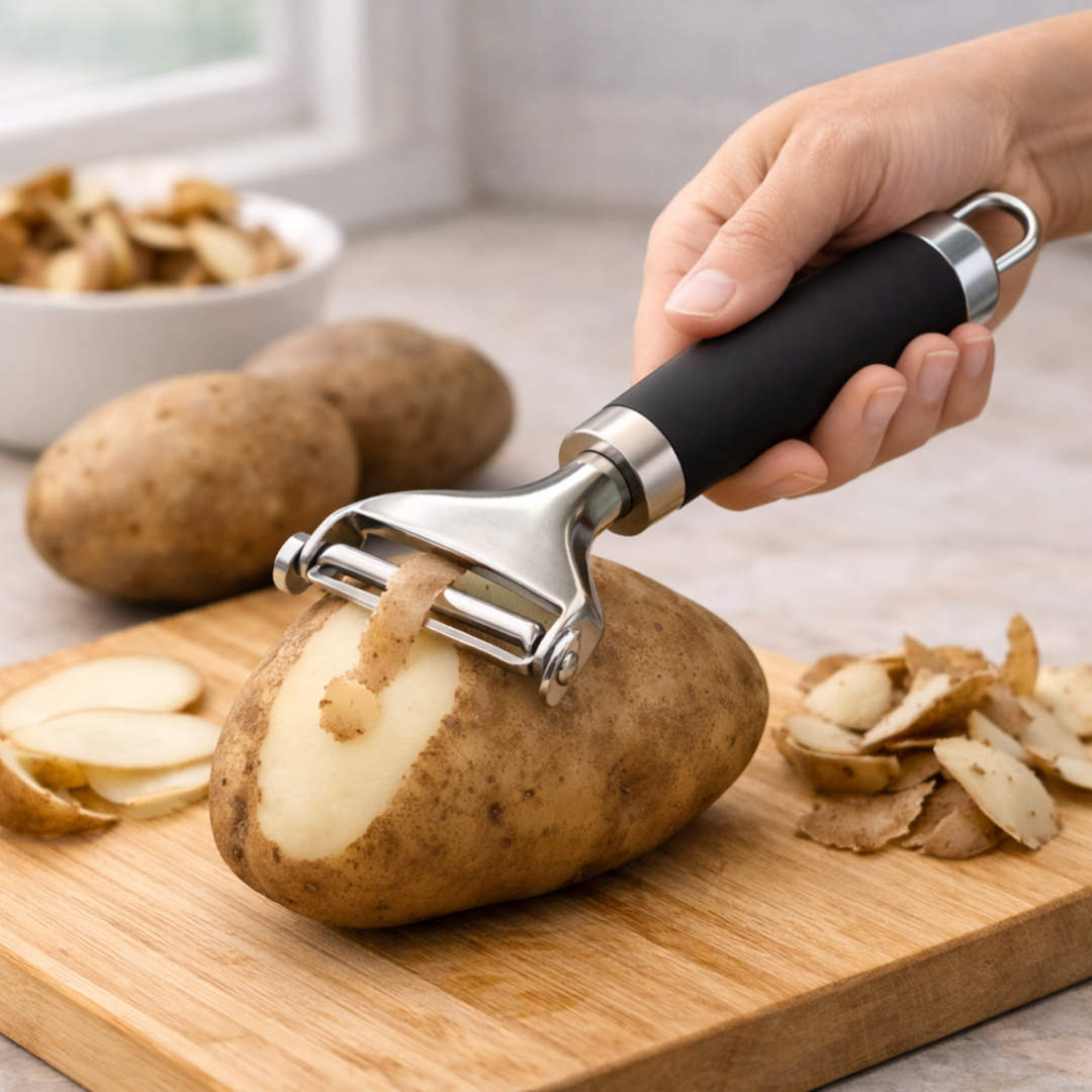 Set de Utensilios de Cocina de Acero Inoxidable (4 Piezas) con Mango Ergonómico Negro | Abrelatas, Pelador, Pasapurés y Colador