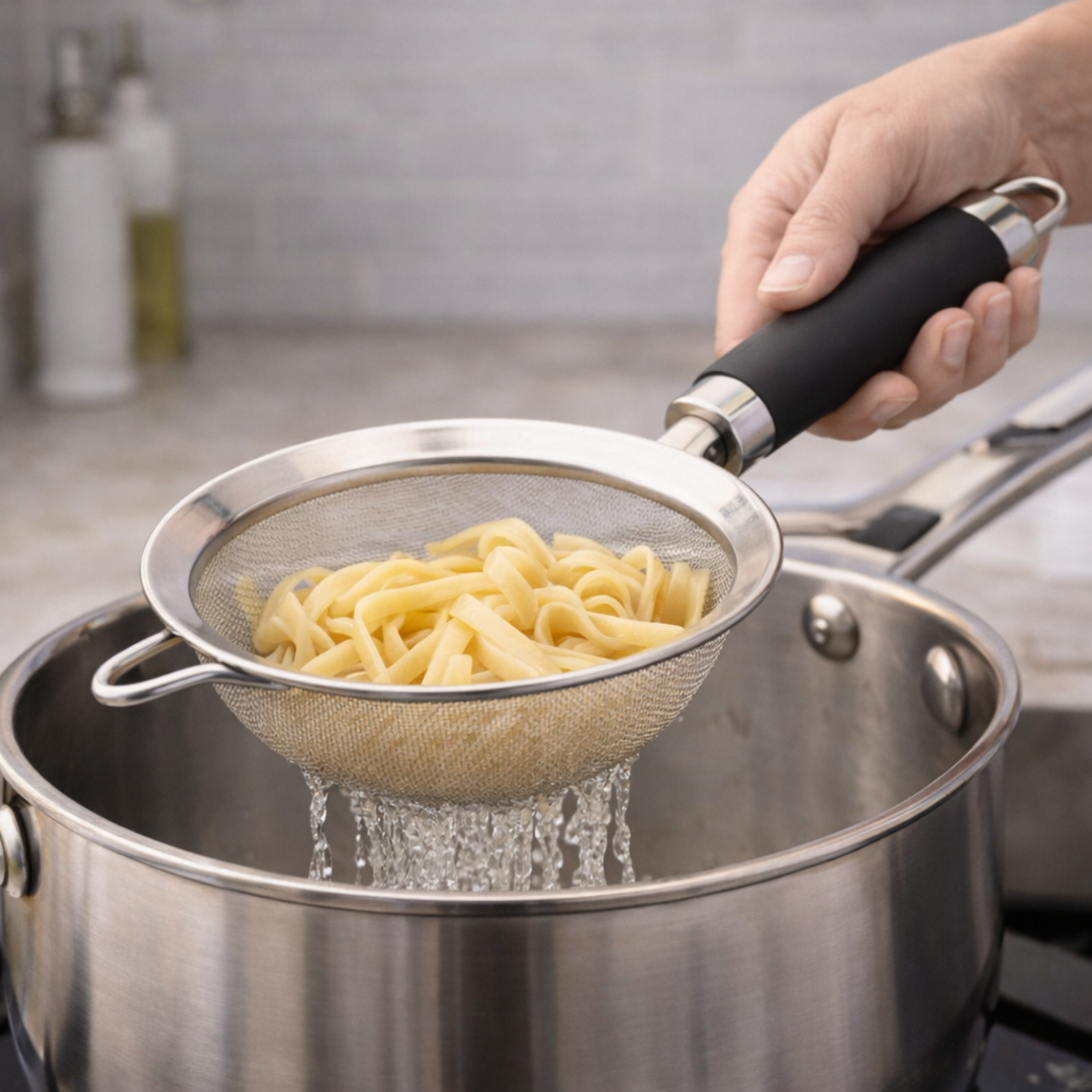 Set de Utensilios de Cocina de Acero Inoxidable (4 Piezas) con Mango Ergonómico Negro | Abrelatas, Pelador, Pasapurés y Colador
