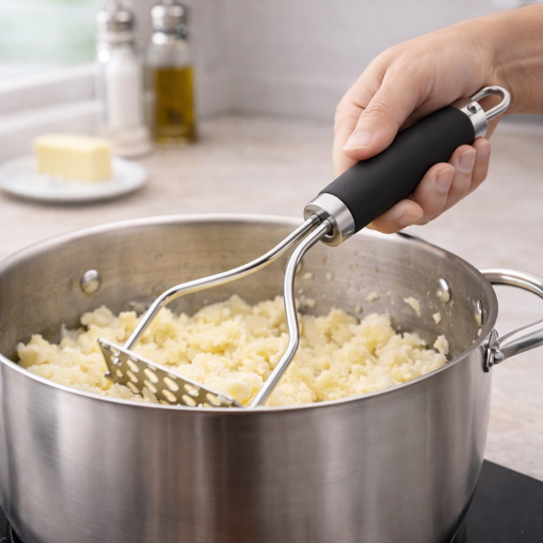 Set de Utensilios de Cocina de Acero Inoxidable (4 Piezas) con Mango Ergonómico Negro | Abrelatas, Pelador, Pasapurés y Colador