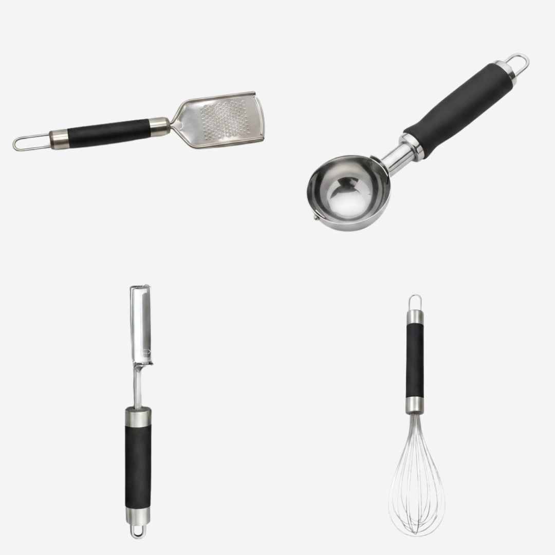 Set de Utensilios de Cocina de Acero Inoxidable (4 Pzs) – Rallador, Cuchara de Helado, Pelador y Batidor