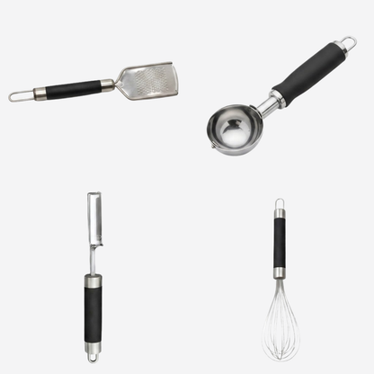 Set de Utensilios de Cocina de Acero Inoxidable (4 Pzs) – Rallador, Cuchara de Helado, Pelador y Batidor