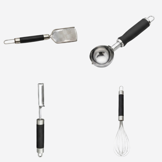 Set de Utensilios de Cocina de Acero Inoxidable (4 Pzs) – Rallador, Cuchara de Helado, Pelador y Batidor