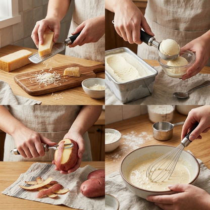 Set de Utensilios de Cocina de Acero Inoxidable (4 Pzs) – Rallador, Cuchara de Helado, Pelador y Batidor