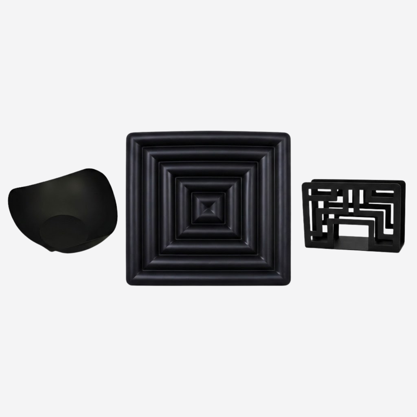 Set de Mesa Moderno en Metal Negro – Frutero, Posacalientes y Servilletero de Diseño