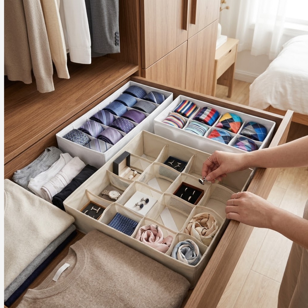 Organizador de Cajones Beige y Blanco (Set de 3) | Organizador de Armario para Accesorios y Cueros