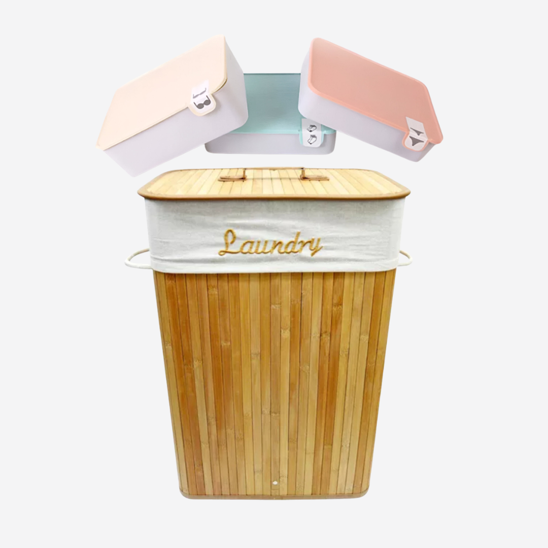 Set de 4 piezas, Cesto de bambú con tapa y 3 cajas organizadoras
