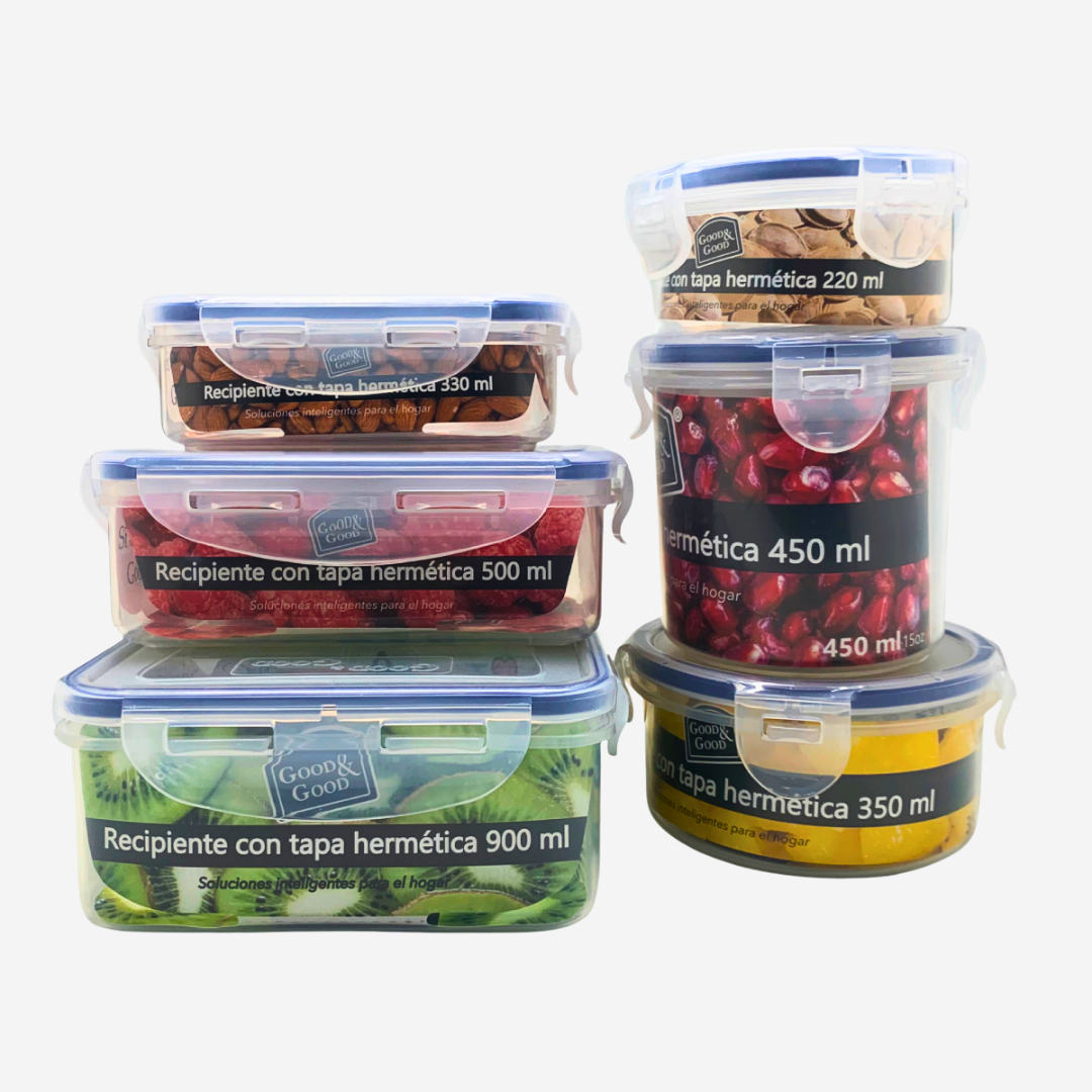 Set de 6 Recipientes Herméticos Multiuso Good & Good| Contenedores de Alimentos Transparentes con Tapa de Clip