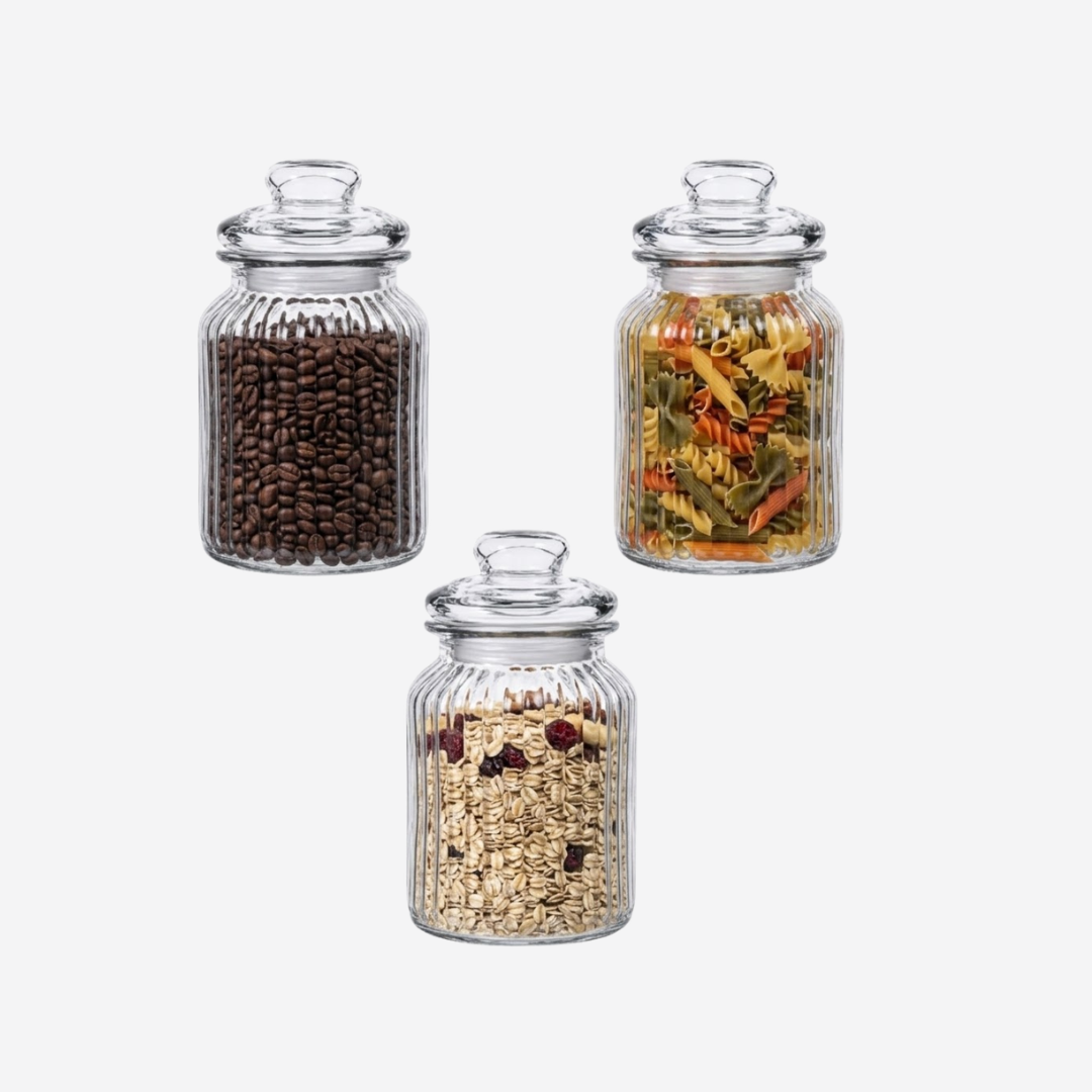 Juego De 3 Tarros De Cristal Acanalado De 900 Ml Con Tapa Hermética