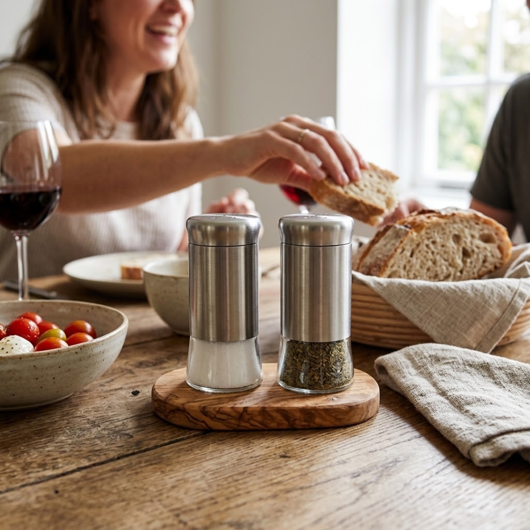 Juego de Salero y Pimentero de Vidrio con Funda de Acero Inoxidable - Pimenteros Modernos para Cocina y Mesa