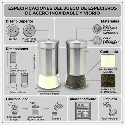 Juego de Salero y Pimentero de Vidrio con Funda de Acero Inoxidable - Pimenteros Modernos para Cocina y Mesa