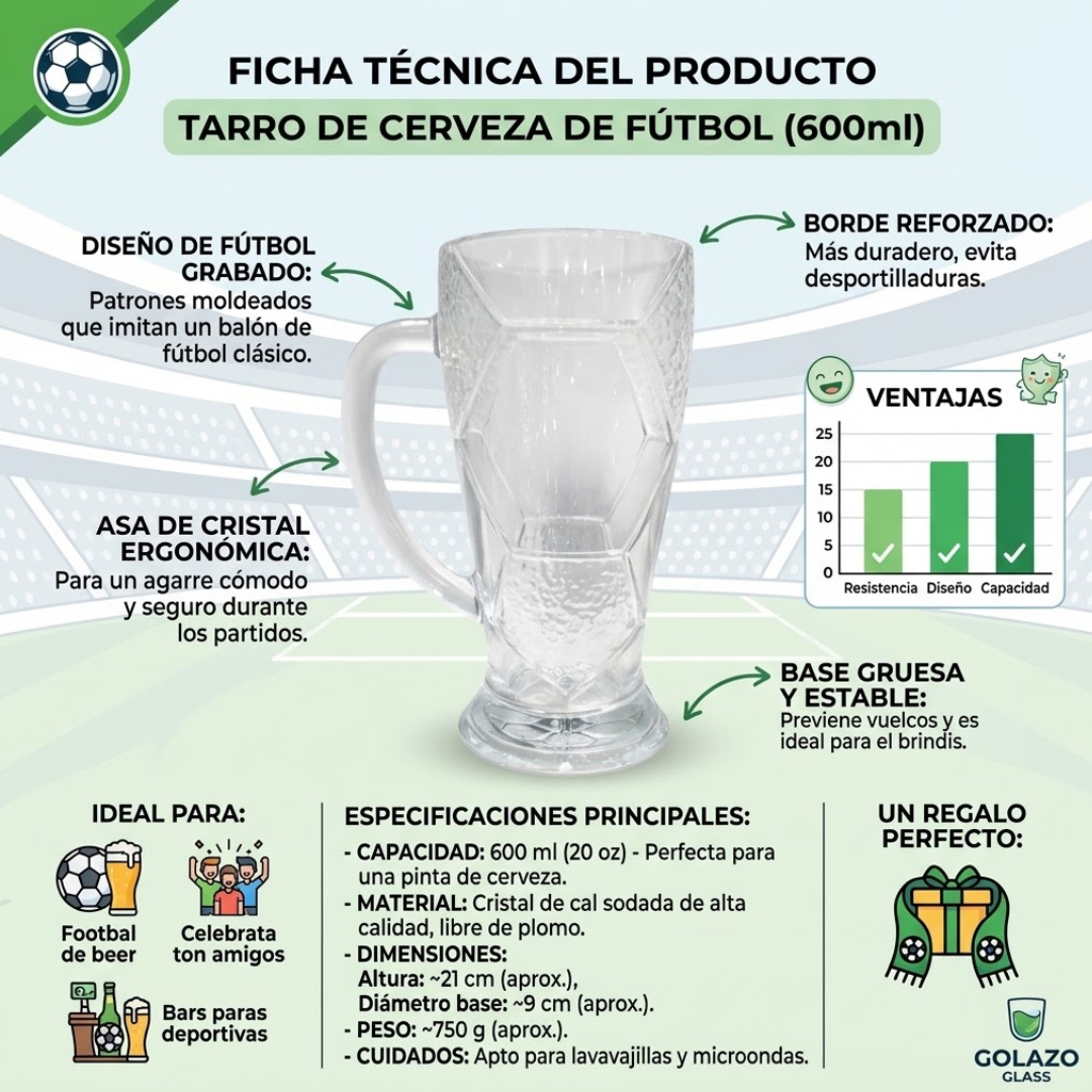 Set de 4 Tarros de Vidrio para Cerveza 600 ml Good & Good | Diseño de Futbol