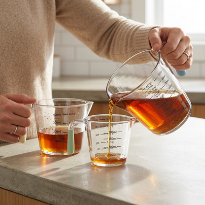 Set de 3 Tazas Medidoras de Plástico Transparente con Mango Antideslizante (200ml, 400ml y 900ml)