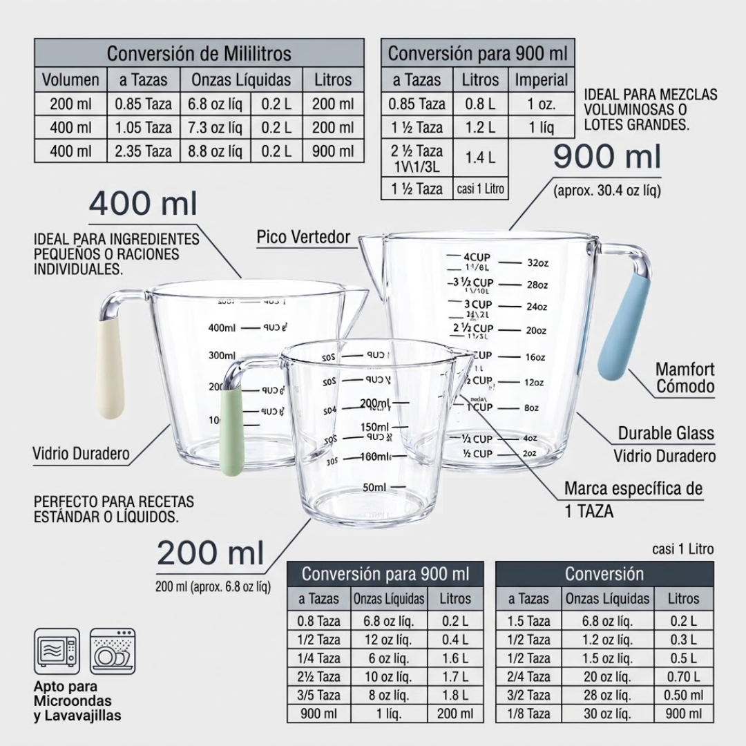 Set de 3 Tazas Medidoras de Plástico Transparente con Mango Antideslizante (200ml, 400ml y 900ml)