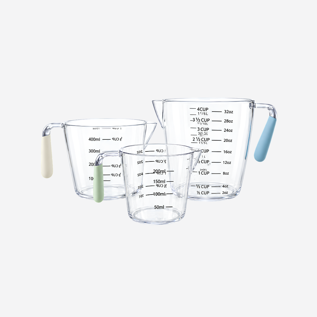 Set de 3 Tazas Medidoras de Plástico Transparente con Mango Antideslizante (200ml, 400ml y 900ml)